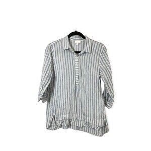 J Jill Love Linen Blue Striped Women's Small Popover 3/4 Sleeve Langenlook Top